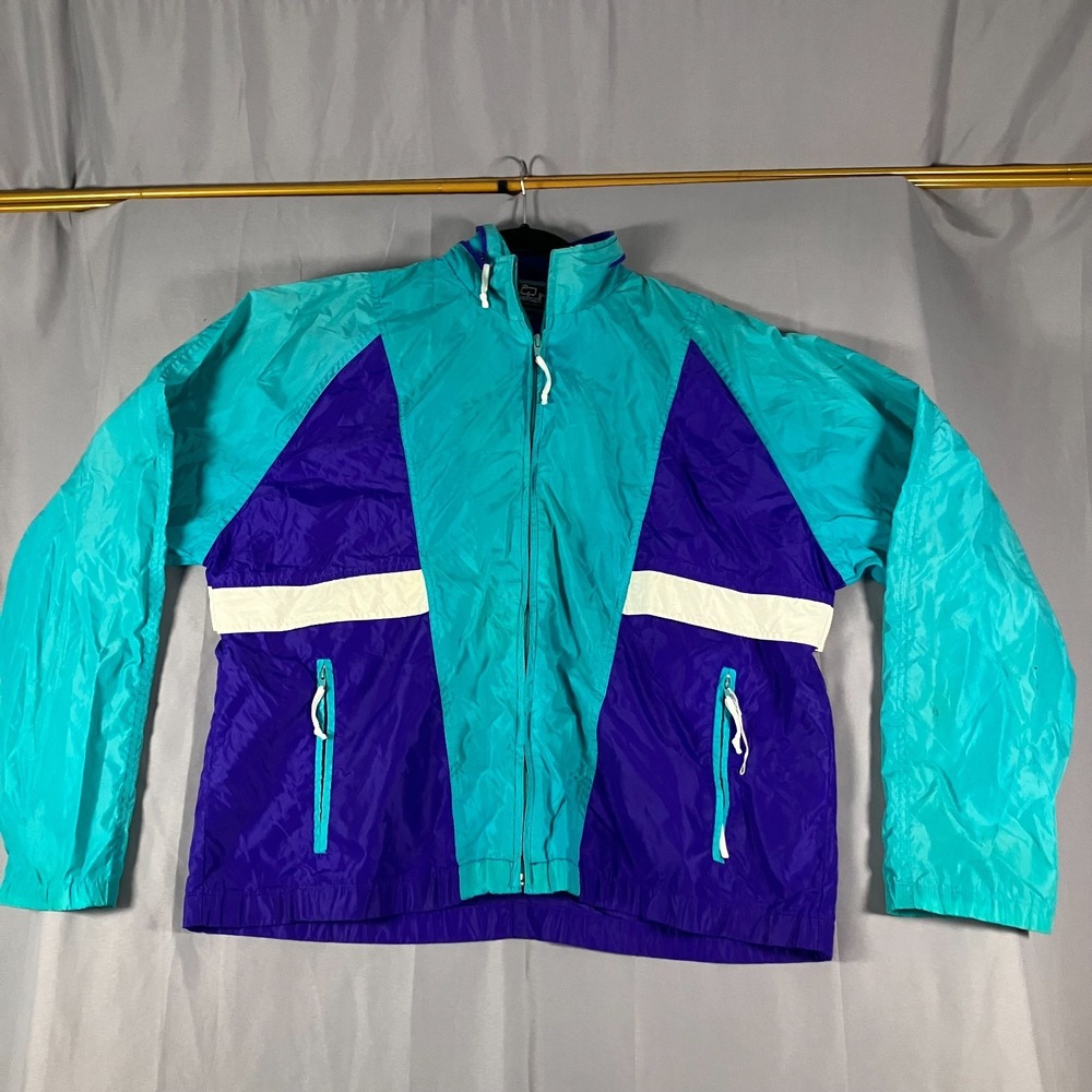 Woolrich Men's Large Teal‎ Purple Windbreaker Jacket Zip In Hood Colorblock